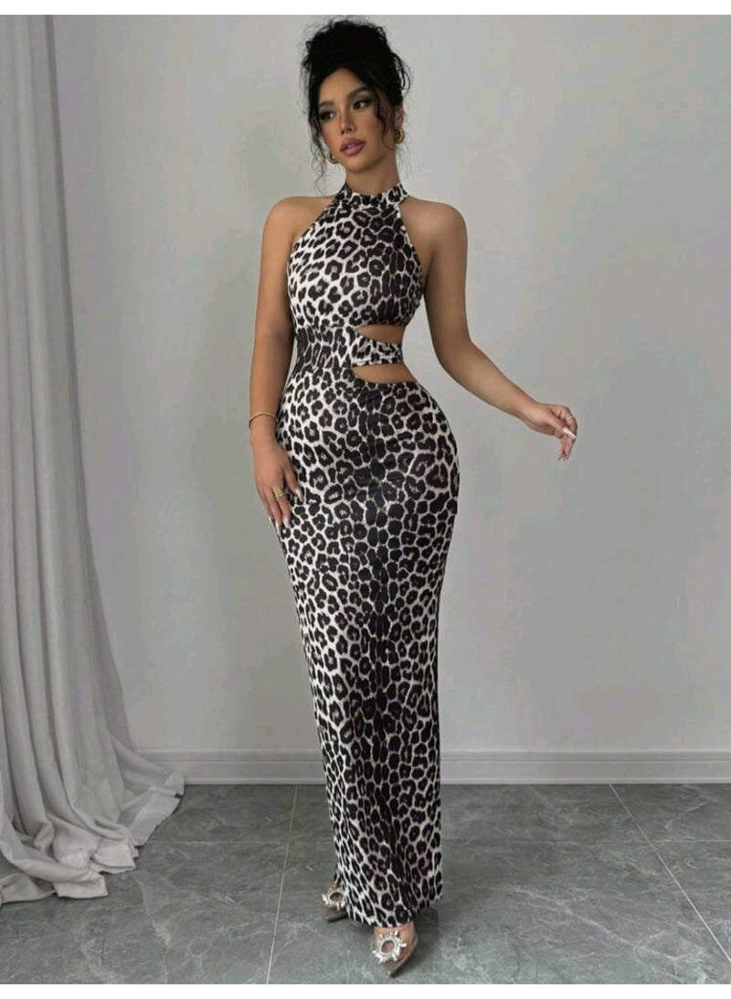 SHEIN Women Elegant Leopard Print Hollow Out Waist Dress Maxi Women Outfit - Image 5